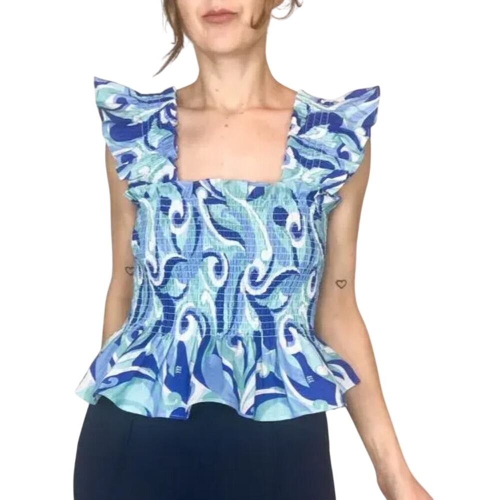 Hill House The Paz Smocked Top Ruffle Linen Summer Ocean Kaleidoscope S